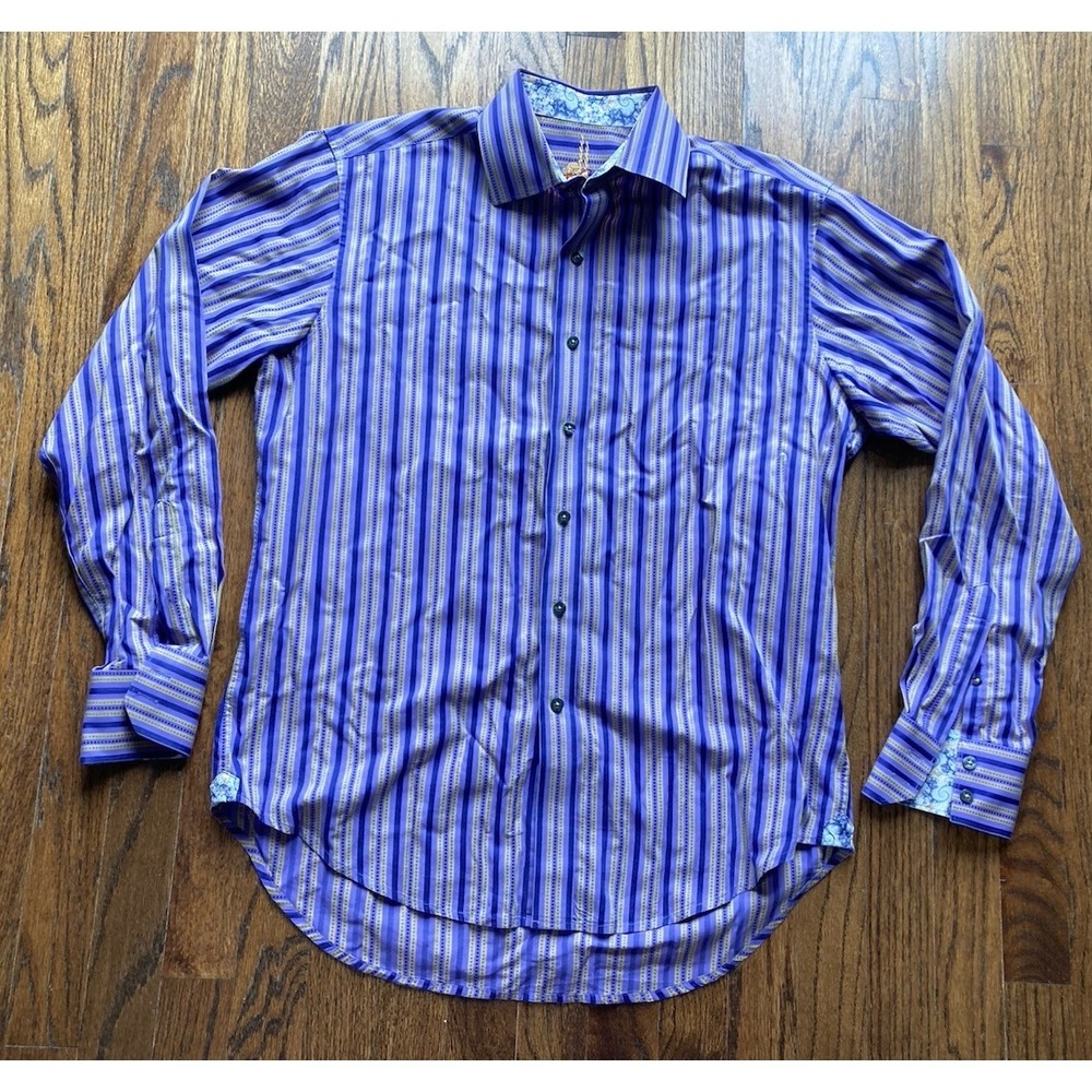 Robert Graham Shirt Mens Medium Purple Striped Long Sleeve Flip Cuff Designer